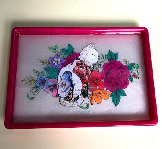 Rectangular Cat Tray With Flowers (PINK BORDER)