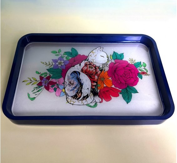 Rectangular Cat Tray With Flowers (BLUE BORDER)