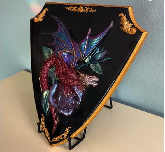 Dragon With Rose On Wooden Plaque