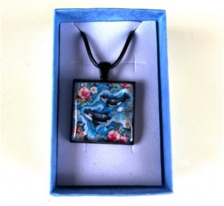 Two Orcas Swimming with Ocean and Flowers (SQUARE PENDANT)