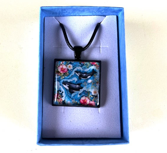 Two Orcas Swimming with Ocean and Flowers (SQUARE PENDANT)