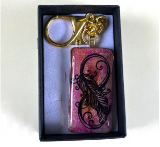 Feather and Infinity Symbol - Pink, Gold Key Ring (METAL BEZEL)