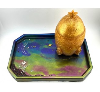 Octagonal Tray With Astronaut Fishing Gold Rocket Box